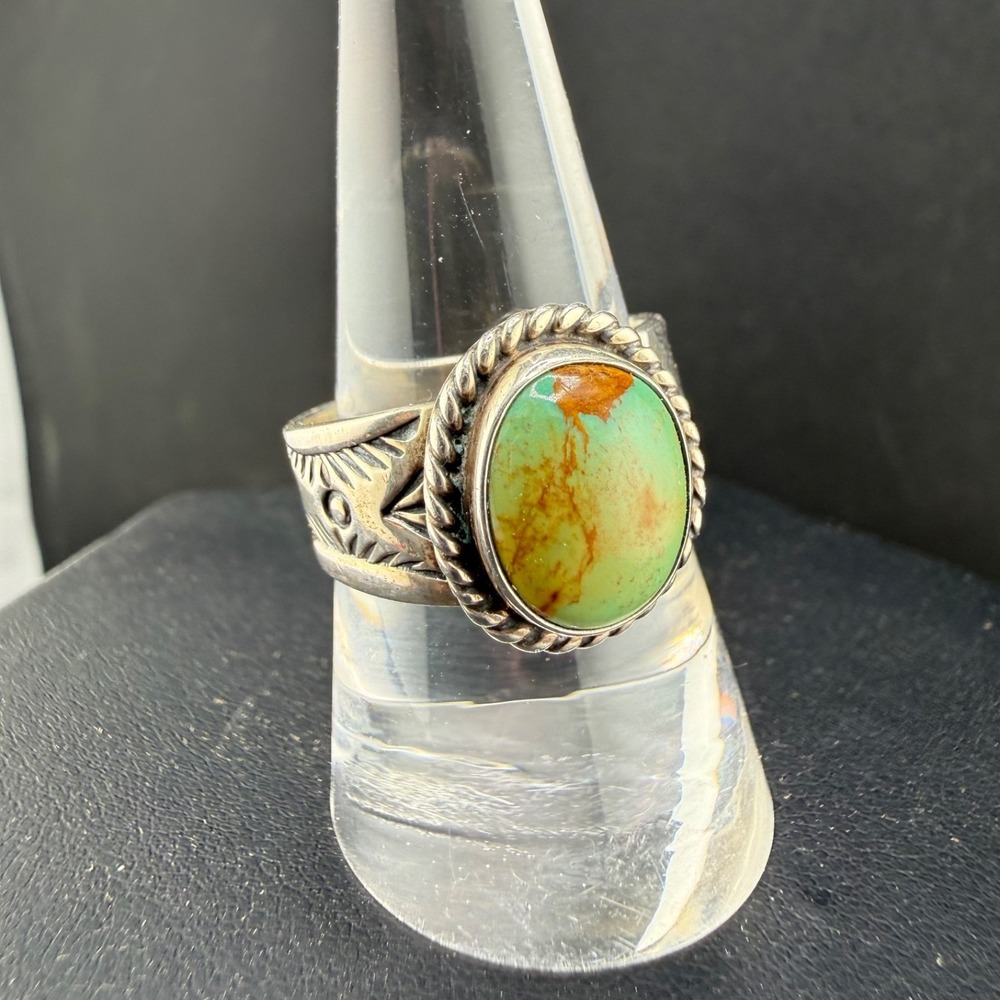 Vintage Navajo Ring Sterling Silver Polished Green Stone Signed SC
